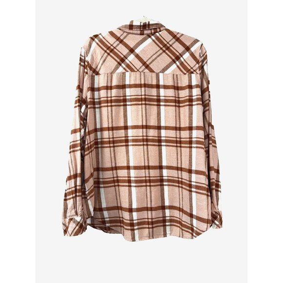 Rustic Womens XL Flannel Shirt Pink White Plaid Fall Western Coastal Boho - Picture 2 of 10